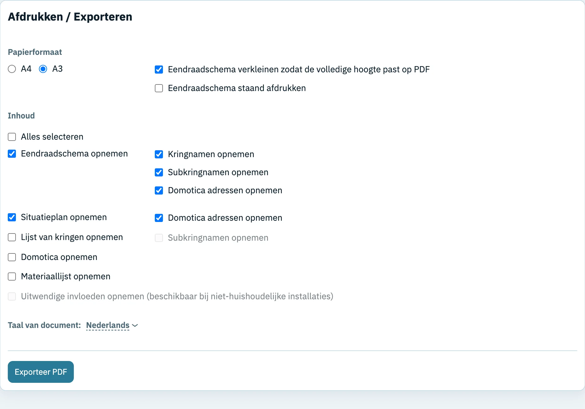 Het scherm Afdrukken / Exporteren met papierformaat A4 of A3, opties om het eendraadschema te verkleinen of staand af te drukken, en vinkjes voor eendraadschema, situatieplan, lijst van kringen, domotica en materiaallijst, met onderaan de knop Exporteer PDF.