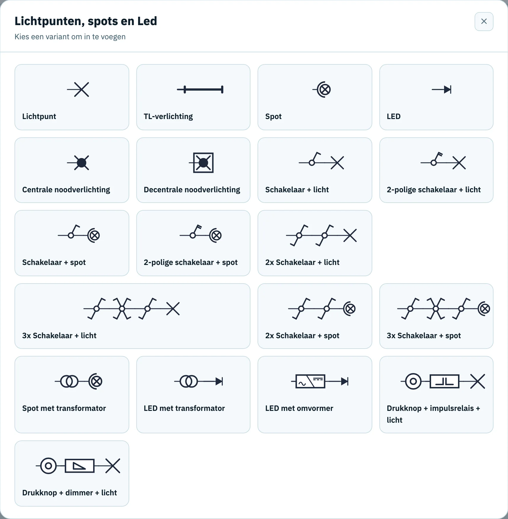 Het venster Lichtpunten, spots en Led met varianten zoals Lichtpunt, Schakelaar + licht, 2-polige schakelaar + licht, 2x Schakelaar + licht en 3x Schakelaar + licht.