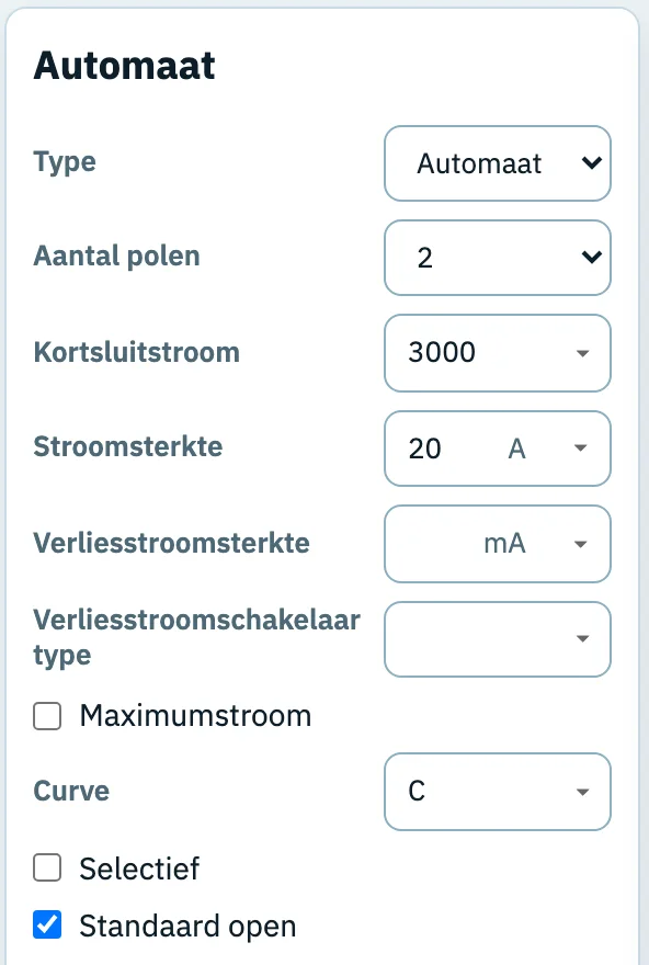 Het paneel Automaat van kring F: type Automaat, 2 polen, kortsluitstroom 3000, stroomsterkte 20 A, curve C.