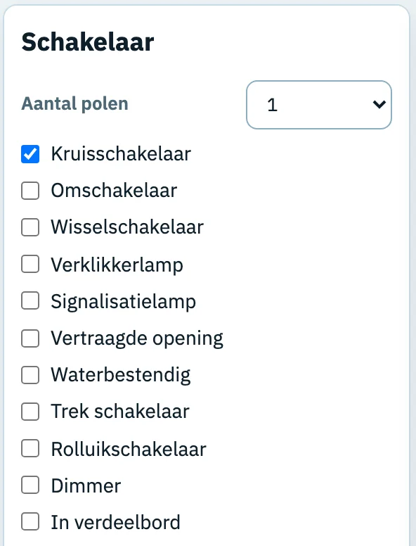Het instellingenpaneel Schakelaar van de middelste schakelaar van E1: 1 pool, Kruisschakelaar aangevinkt.
